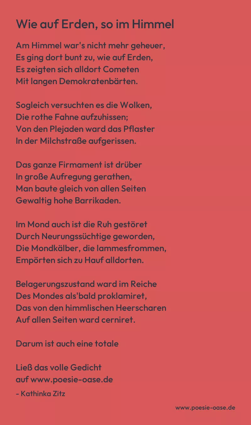 Gedicht: Wie auf Erden, so im Himmel von Kathinka Zitz