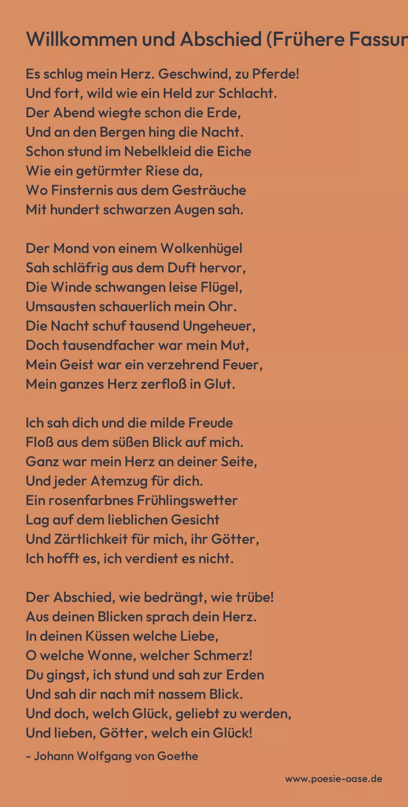 Gedicht: Willkommen und Abschied (Frühere Fassung, 1771) von Johann Wolfgang von Goethe