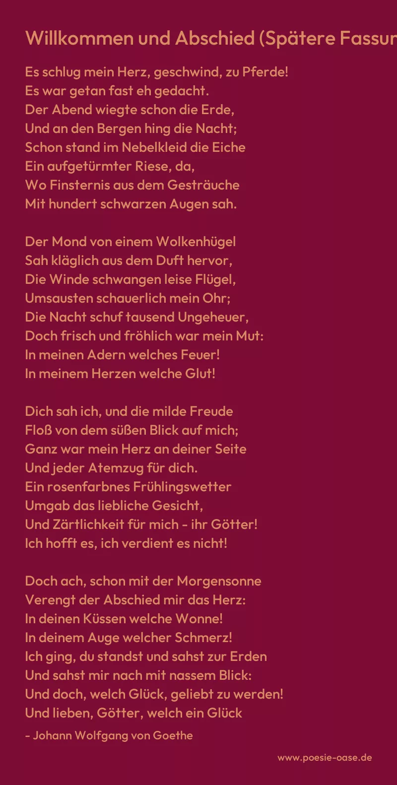 Gedicht: Willkommen und Abschied (Spätere Fassung, ca.1785) von Johann Wolfgang von Goethe
