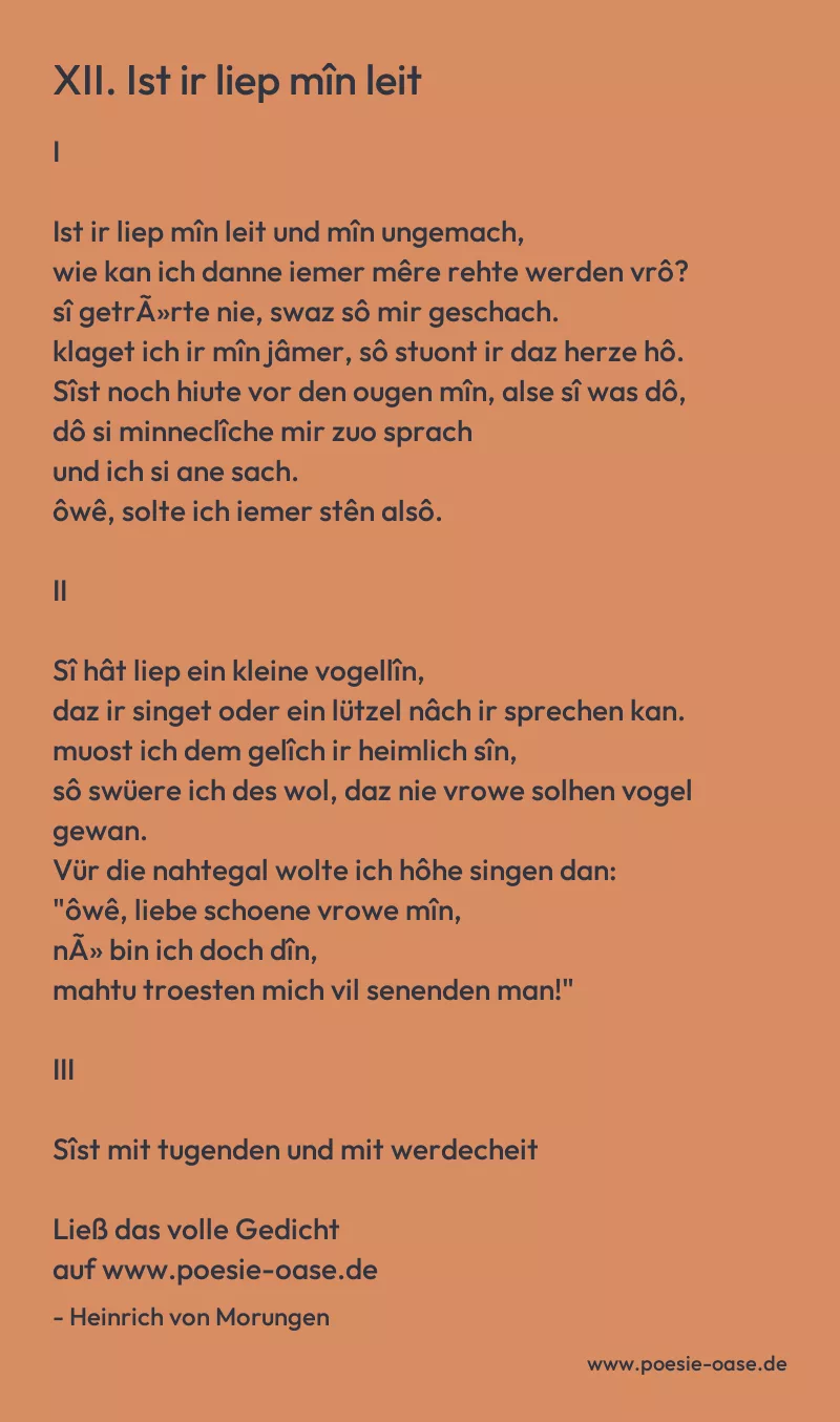 Gedicht: XII. Ist ir liep mîn leit von Heinrich von Morungen