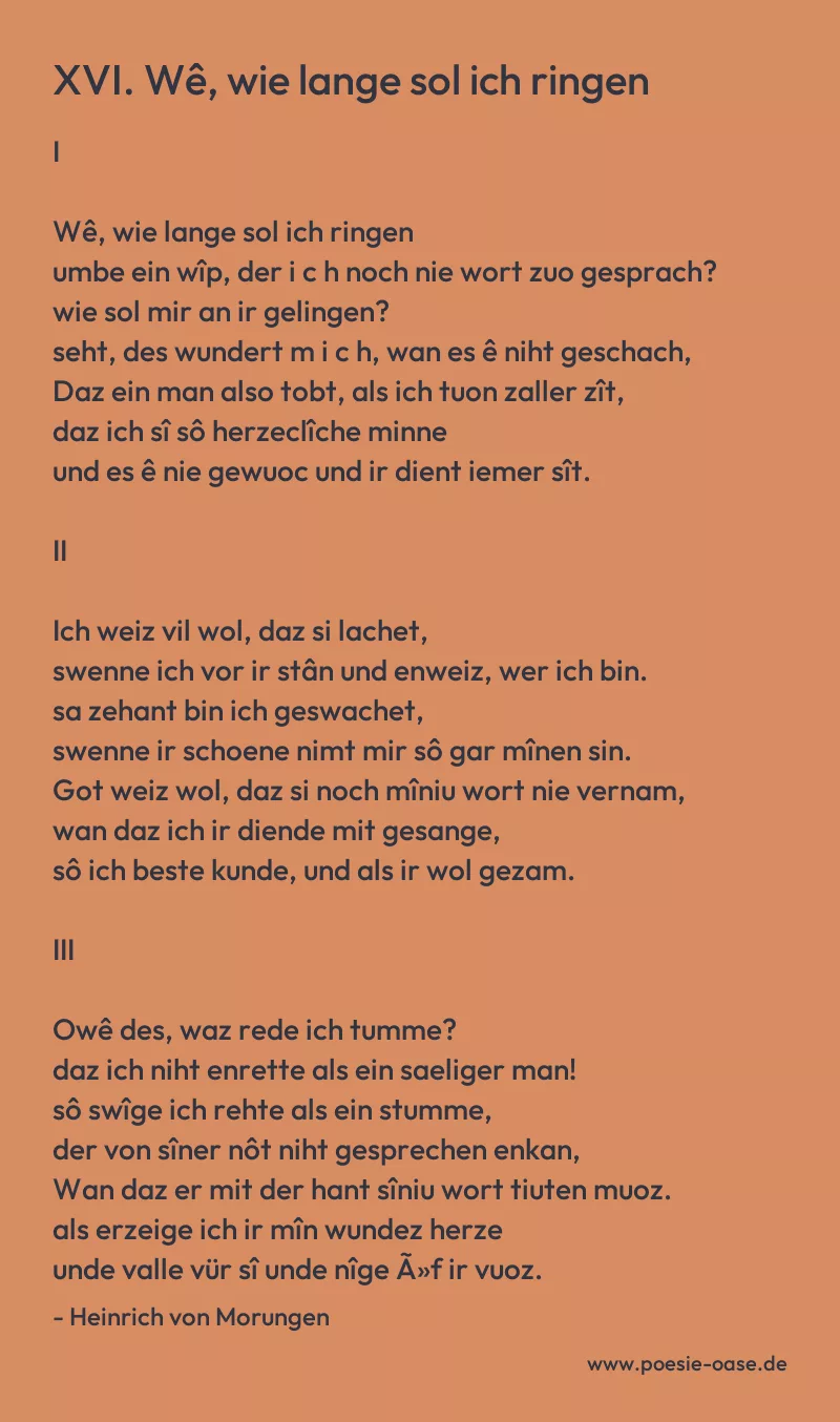 Gedicht: XVI. Wê, wie lange sol ich ringen von Heinrich von Morungen