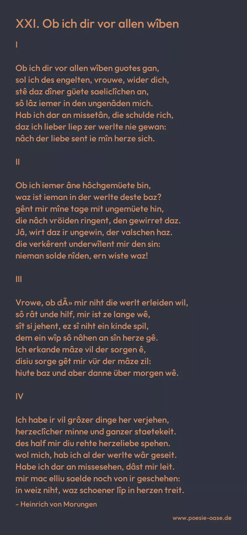 Gedicht: XXI. Ob ich dir vor allen wîben von Heinrich von Morungen