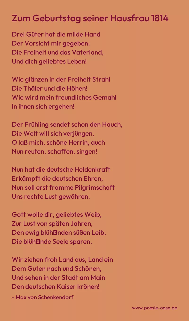Gedicht: Zum Geburtstag seiner Hausfrau 1814 von Max von Schenkendorf