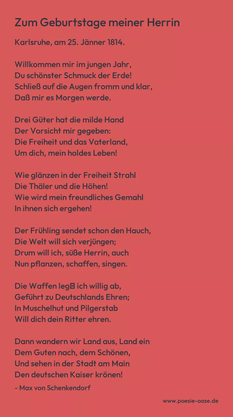 Gedicht: Zum Geburtstage meiner Herrin von Max von Schenkendorf