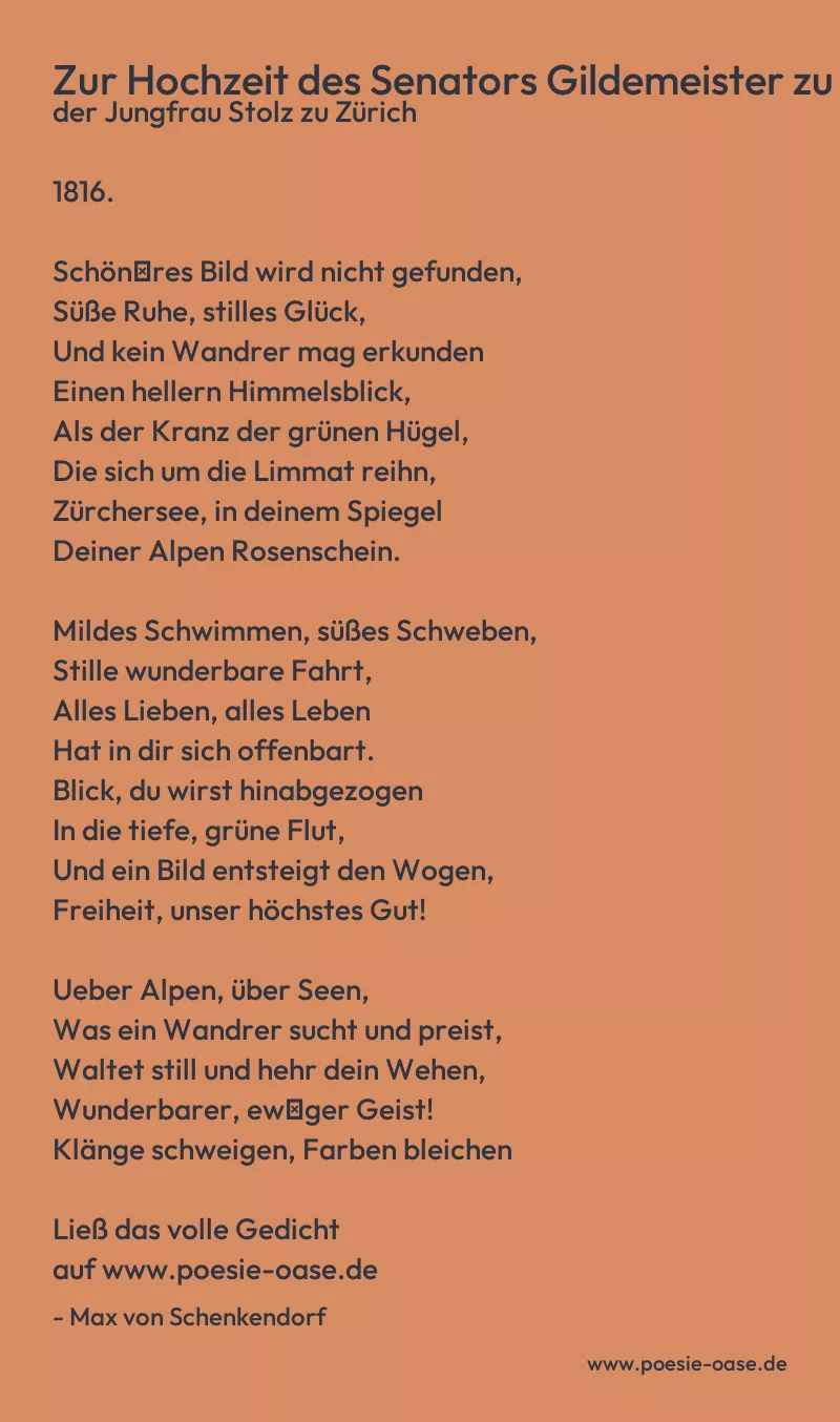 Gedicht: Zur Hochzeit des Senators Gildemeister zu Bremen mit der Jungfrau Stolz zu Zürich von Max von Schenkendorf