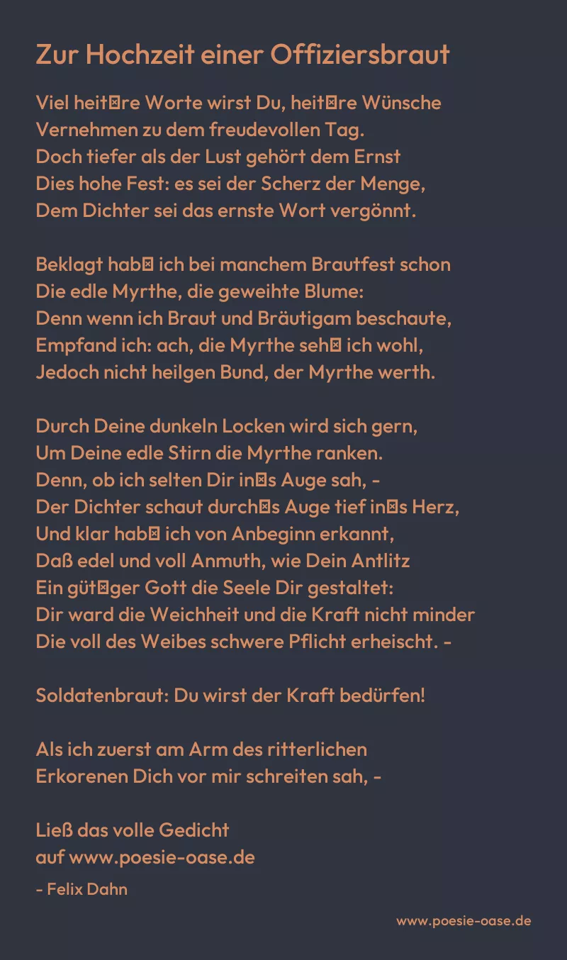 Gedicht: Zur Hochzeit einer Offiziersbraut von Felix Dahn