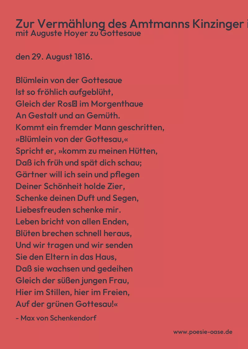 Gedicht: Zur Vermählung des Amtmanns Kinzinger in Carlsruhe mit Auguste Hoyer zu Gottesaue von Max von Schenkendorf